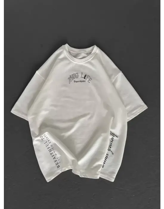 Unisex Baskılı Oversize T-Shirt - Beyaz