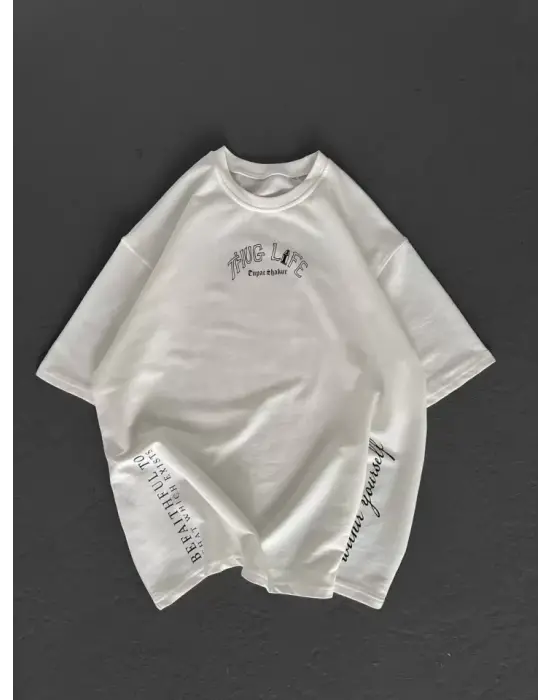 Unisex Baskılı Oversize T-Shirt - Beyaz