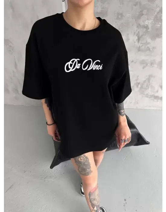 Unisex Baskılı Oversize T-Shirt - Siyah