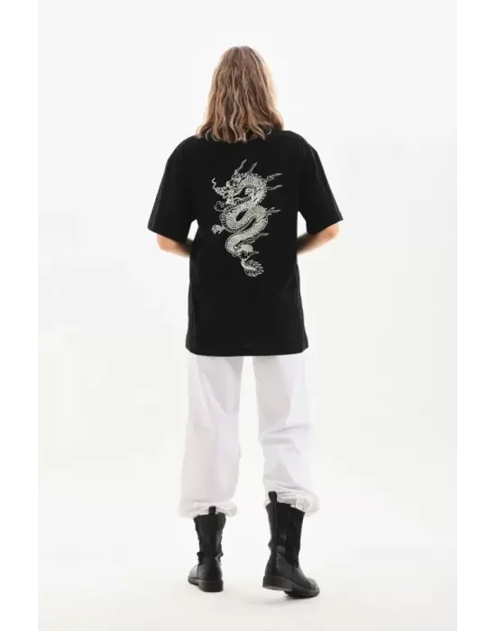 Oversize Baskılı Unisex Tişört - Siyah