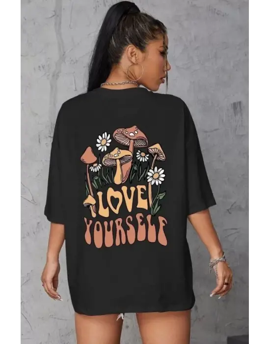 Unisex Baskılı Oversize T-Shirt - Siyah