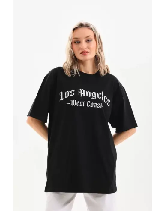 Unisex Siyah Baskılı Oversize Tişört