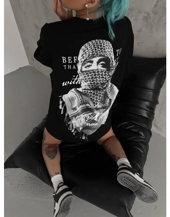 Unisex Baskılı Oversize T-Shirt - Siyah