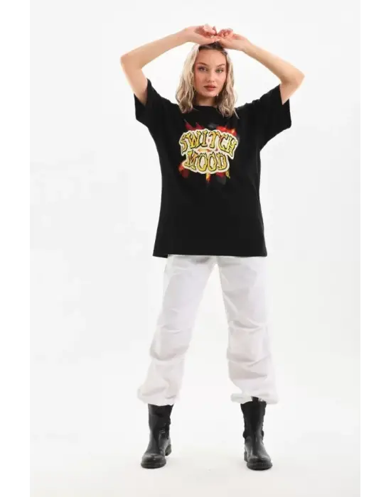 Oversize Baskılı Unisex Tişört - Siyah