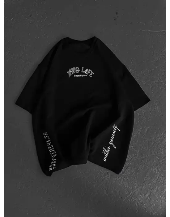 Unisex Baskılı Oversize T-Shirt - Siyah