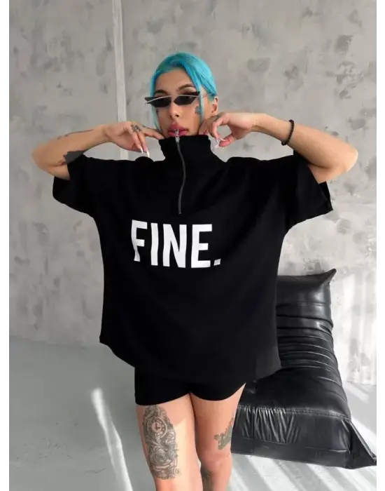 Omarı Baskılı Yarım Fermuarlı T-Shirt - Siyah