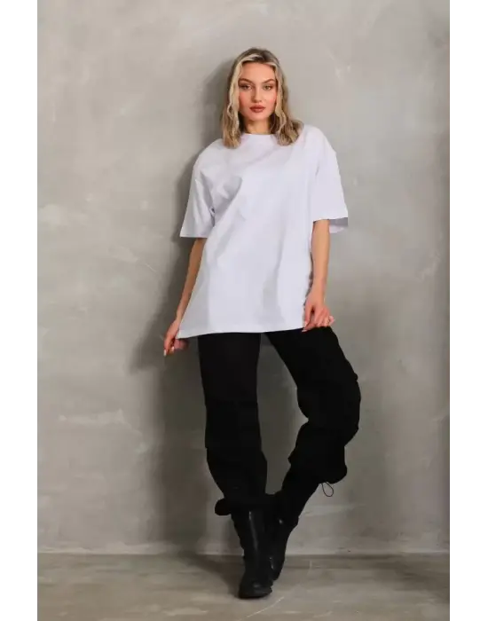Omarı Beyaz Unisex Düz Oversize Bisiklet Yaka T-Shirt