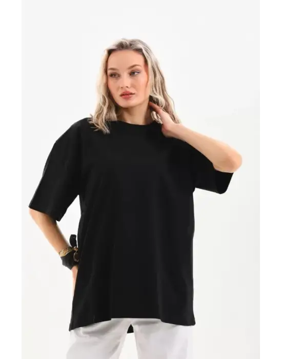 Unisex Bisiklet Yaka 20/1 Düz Oversize T-Shirt - Siyah