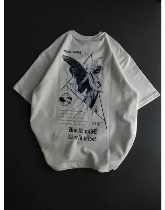 Unisex Bisiklet Yaka Baskılı Oversize T-Shirt - Beyaz