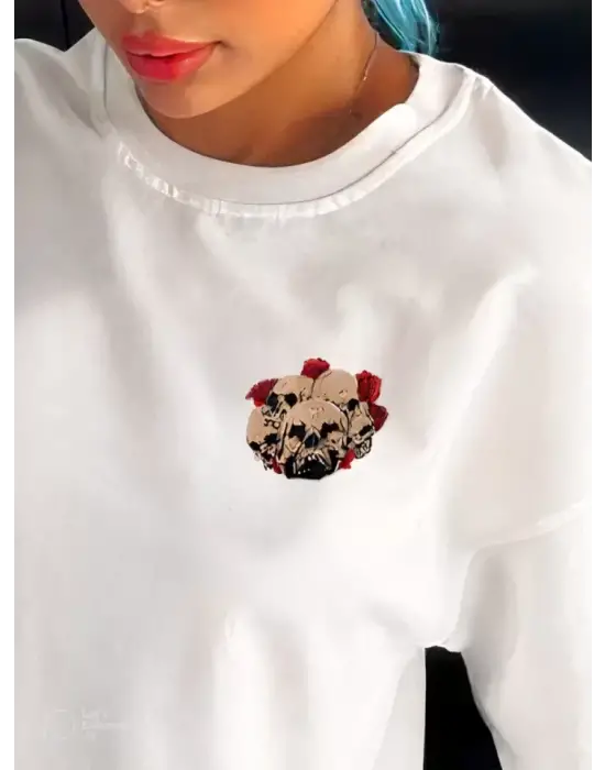 Unisex Bisiklet Yaka Baskılı Oversize T-Shirt - Beyaz