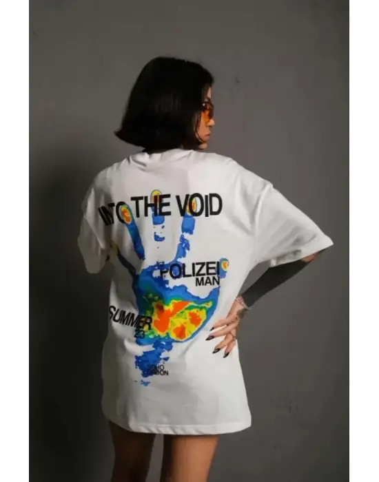 Unisex Bisiklet Yaka Baskılı Oversize T-Shirt - Beyaz