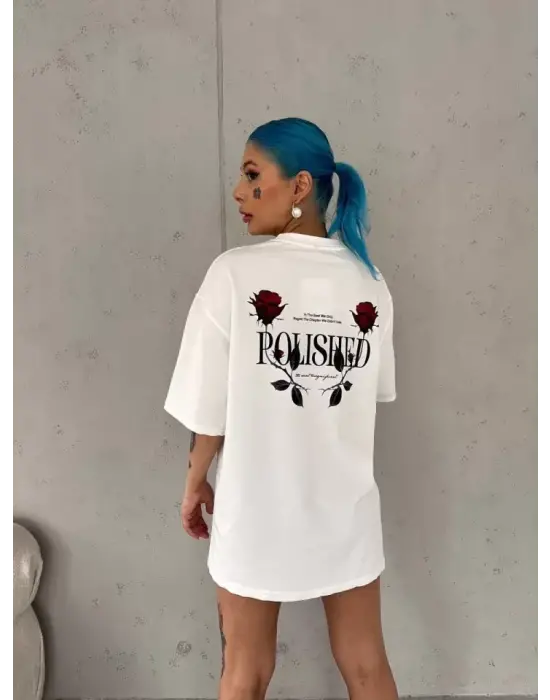 Unisex Bisiklet Yaka Baskılı Oversize T-Shirt - Beyaz