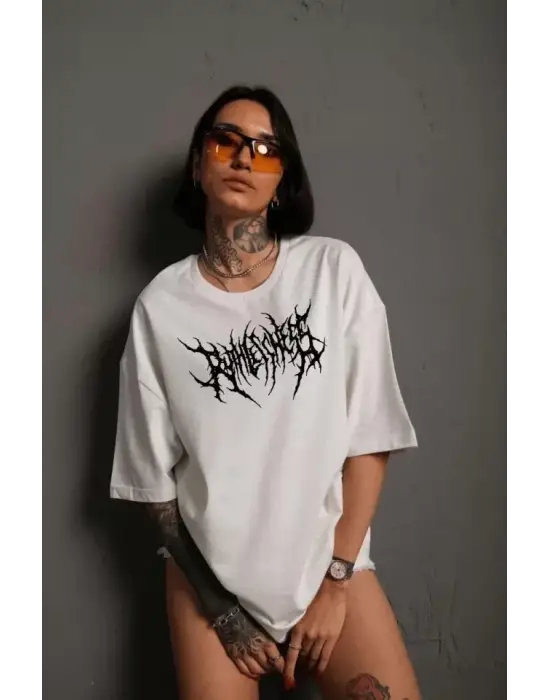 Unisex Bisiklet Yaka Baskılı Oversize T-Shirt - Beyaz