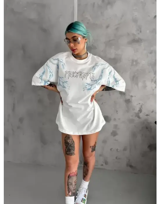 Unisex Bisiklet Yaka Baskılı Oversize T-Shirt - Beyaz