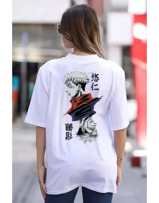 Unisex Bisiklet Yaka Baskılı Oversize T-Shirt - Beyaz