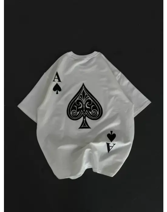 Unisex Bisiklet Yaka Baskılı Oversize T-Shirt - Beyaz