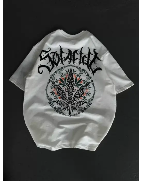 Unisex Bisiklet Yaka Baskılı Oversize T-Shirt - Beyaz