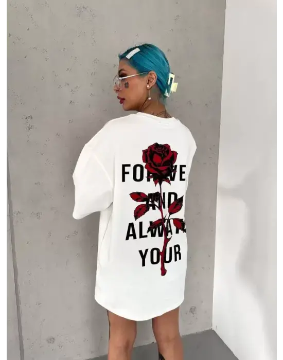 Omarı Beyaz Oversize Bisiklet Yaka Baskılı T-Shirt