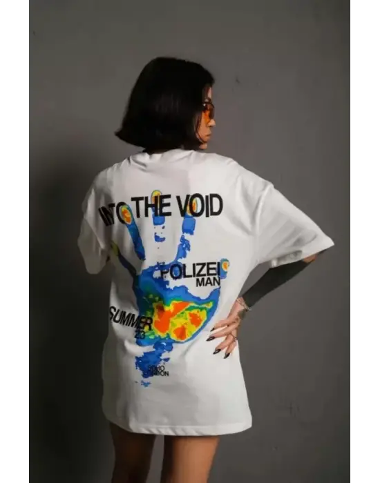 Omarı Rahat Kesim Bisiklet Yaka Baskılı T-Shirt - Beyaz