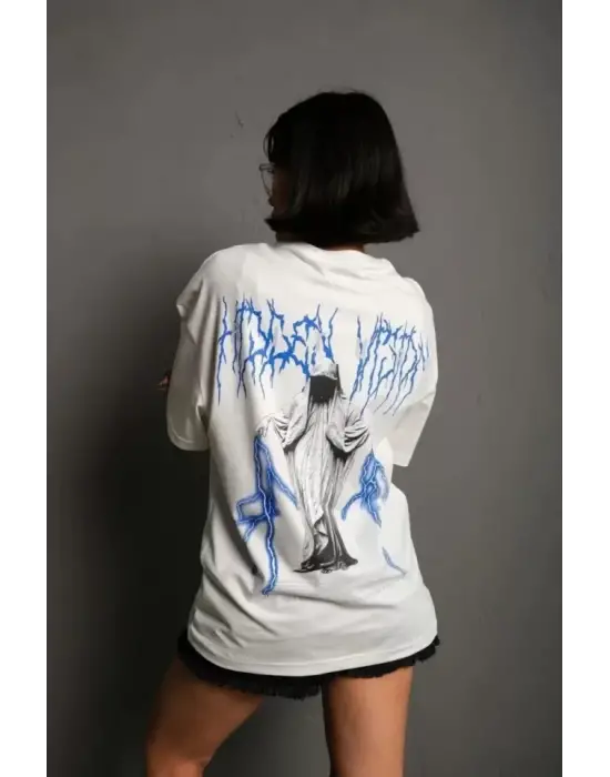 Omarı Bisiklet Desenli Oversize Beyaz T-Shirt