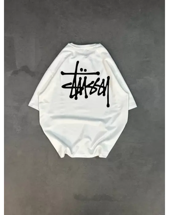 Omarı Bisiklet Yaka Baskılı Oversize T-Shirt - Beyaz