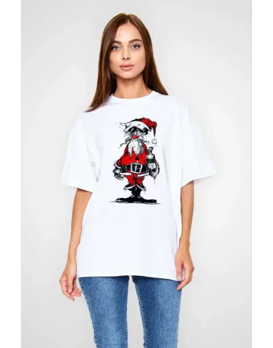 Omarı Beyaz Bisiklet Desenli Oversize T-shirt