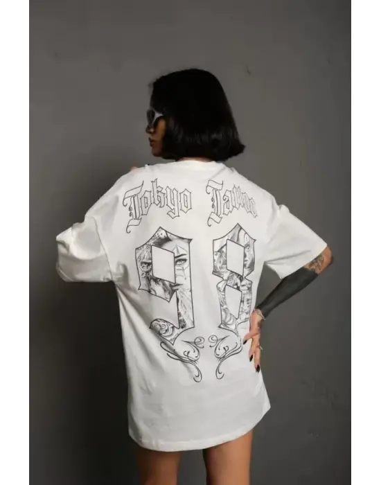 Unisex Bisiklet Yaka Baskılı Oversize T-Shirt - Beyaz