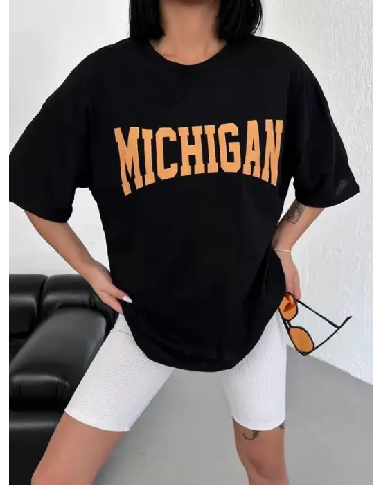 Unisex Bisiklet Yaka Baskılı Oversize T-Shirt - Beyaz