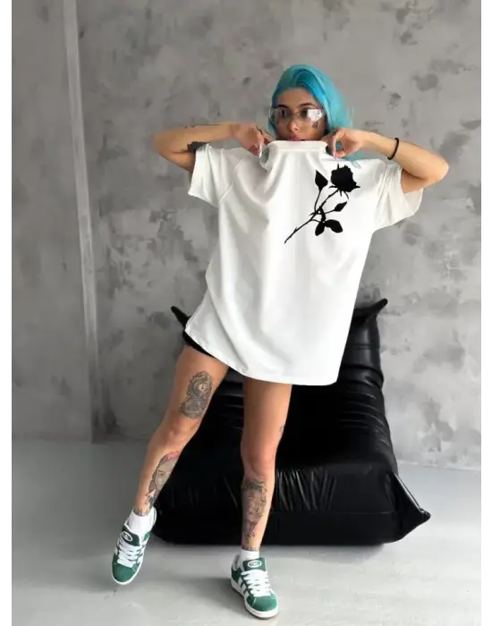 Omarı Beyaz Baskılı Oversize Bisiklet Yaka T-Shirt