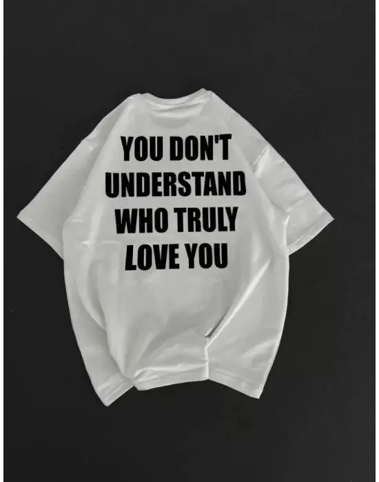 Omarı Stil Sahibi Bisiklet Yaka Baskılı Oversize T-Shirt - Beyaz