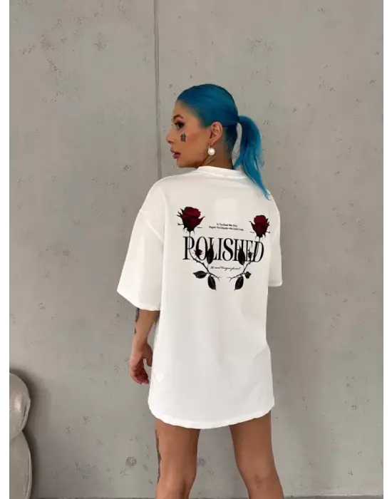 Omarı Gösterişli Baskılı Oversize Bisiklet Yaka T-Shirt - Beyaz