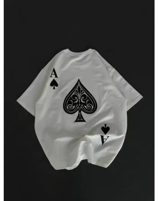 Omarı Beyaz Oversize Baskılı Bisiklet Yaka T-Shirt