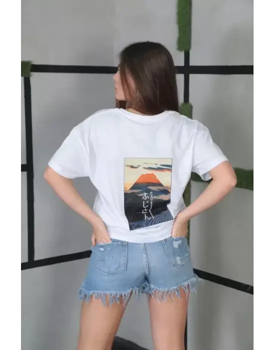 Omarı Beyaz Oversize Baskılı Bisiklet Yaka T-Shirt