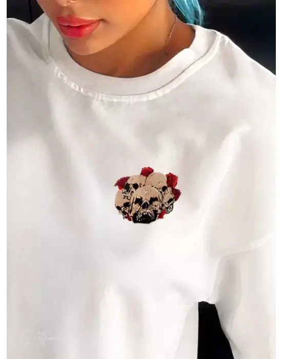 Omarı Beyaz Oversize Baskılı Bisiklet Yaka T-Shirt