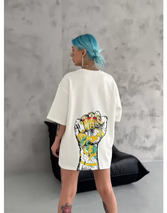 Omarı Bisiklet Yaka Baskılı Oversize T-Shirt - Beyaz
