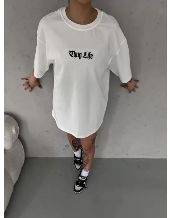 Unisex Bisiklet Yaka Baskılı Oversize T-Shirt - Beyaz