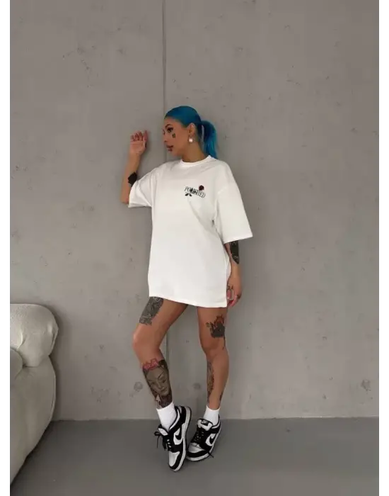 Unisex Bisiklet Yaka Baskılı Oversize T-Shirt - Beyaz