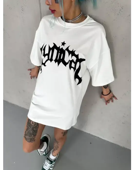 Unisex Bisiklet Yaka Baskılı Oversize T-Shirt - Beyaz