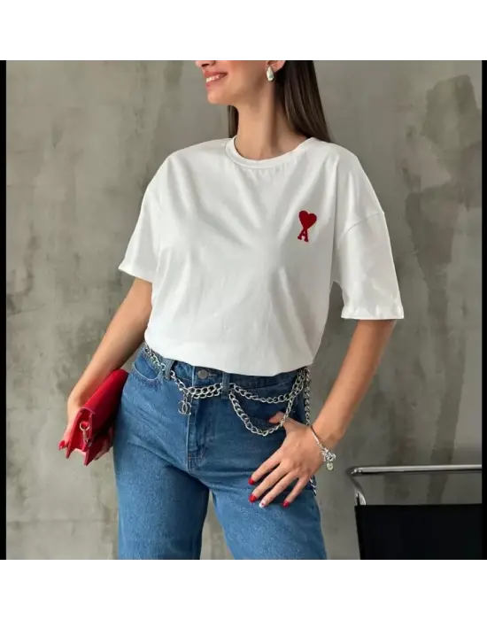 Unisex Bisiklet Yaka Baskılı Oversize T-Shirt - Beyaz