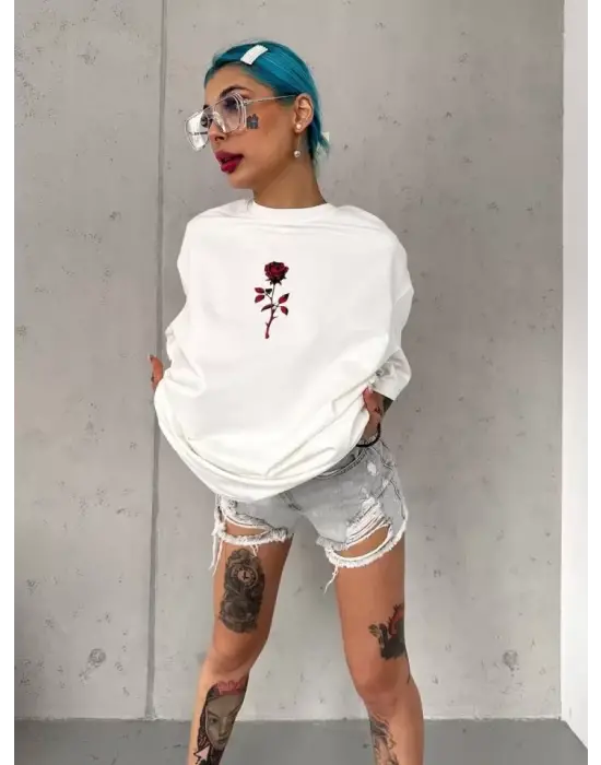 Unisex Bisiklet Yaka Baskılı Oversize T-Shirt - Beyaz