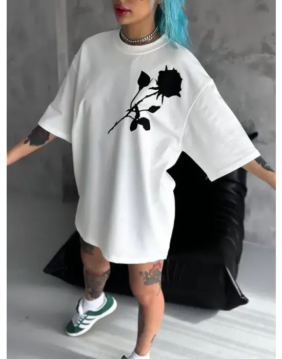 Omarı Beyaz Baskılı Oversize Bisiklet Yaka T-Shirt