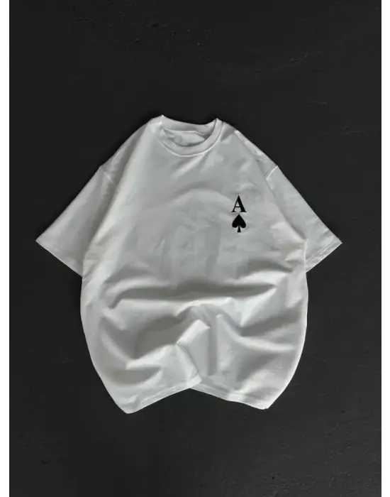 Omarı Beyaz Oversize Baskılı Bisiklet Yaka T-Shirt