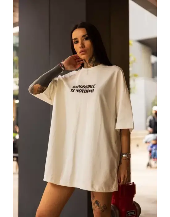 Omarı Bisiklet Desenli Oversize T-Shirt - Beyaz