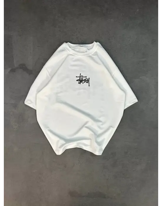 Omarı Bisiklet Yaka Baskılı Oversize T-Shirt - Beyaz