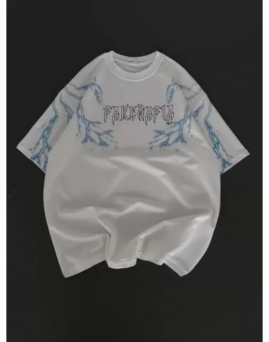 Unisex Bisiklet Yaka Baskılı Oversize T-Shirt - Beyaz