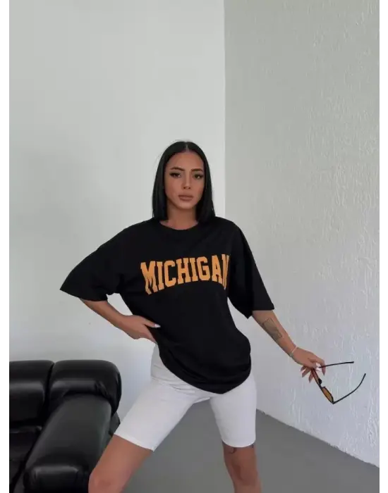 Unisex Bisiklet Yaka Baskılı Oversize T-Shirt - Beyaz