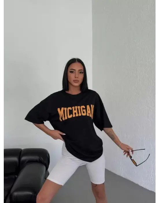 Unisex Bisiklet Yaka Baskılı Oversize T-Shirt - Beyaz