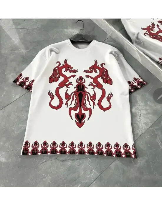 Omarı Beyaz Oversize Bisiklet Yaka Baskılı T-Shirt