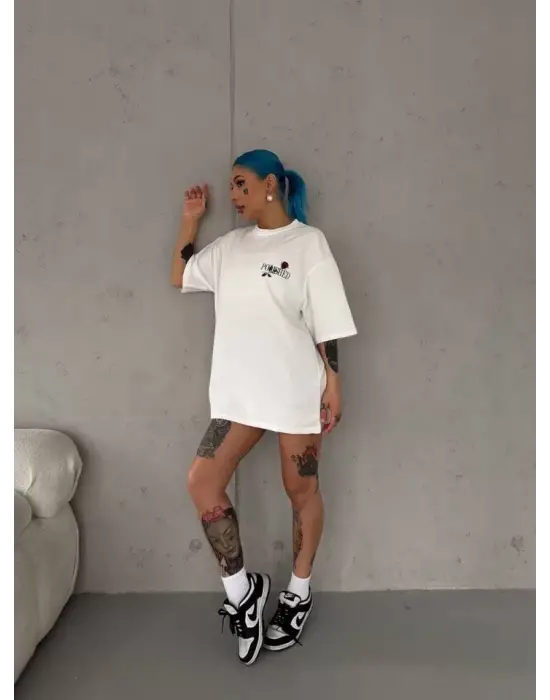 Omarı Gösterişli Baskılı Oversize Bisiklet Yaka T-Shirt - Beyaz