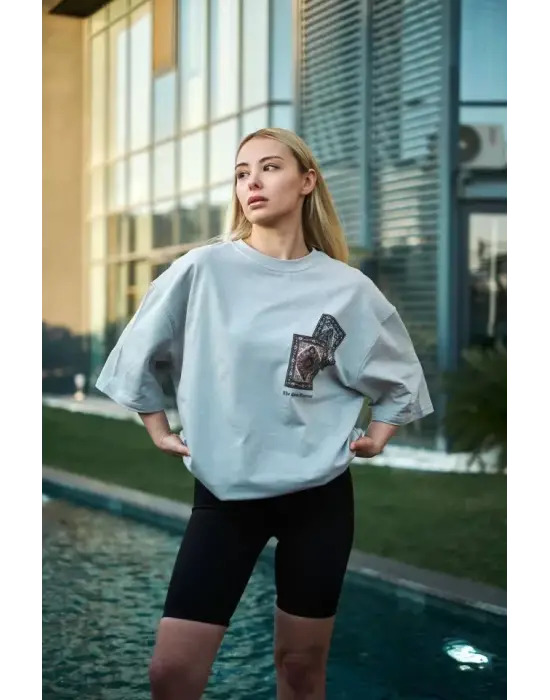 Omarı Bisiklet Desenli Oversize T-Shirt - Gri